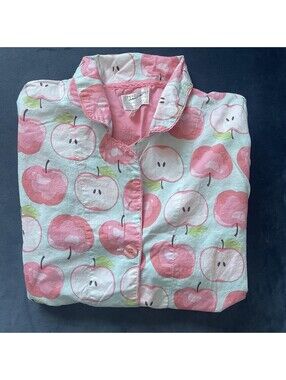 PJ Salvage Sleep Shirt M Cotton APPLES Buttons Long Sleeve Pink Blue Top Only